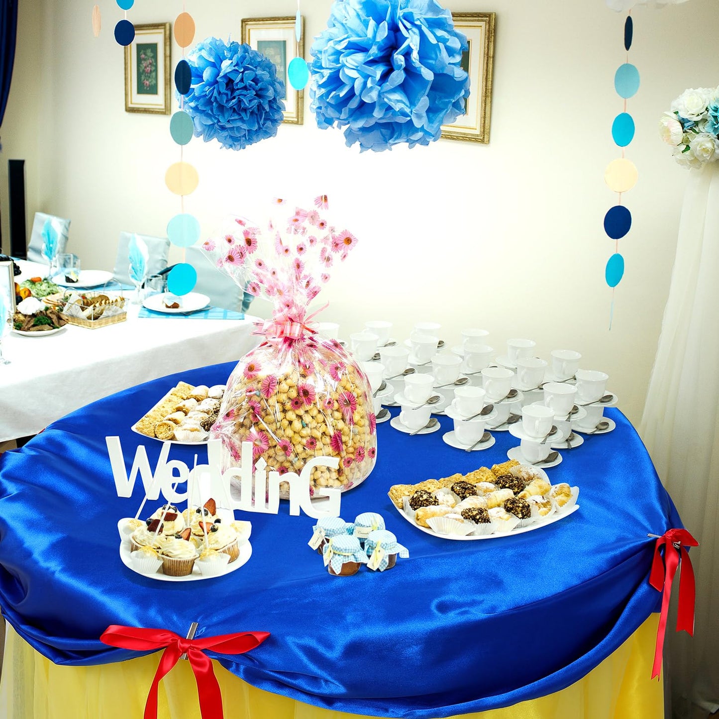 Windkream Princess Snow Party Tablecloth Blue and Yellow Tulle Table Skirt 30 x 108 Inch Snow Princess Tables Cover for Birthday Party Decor Supplies