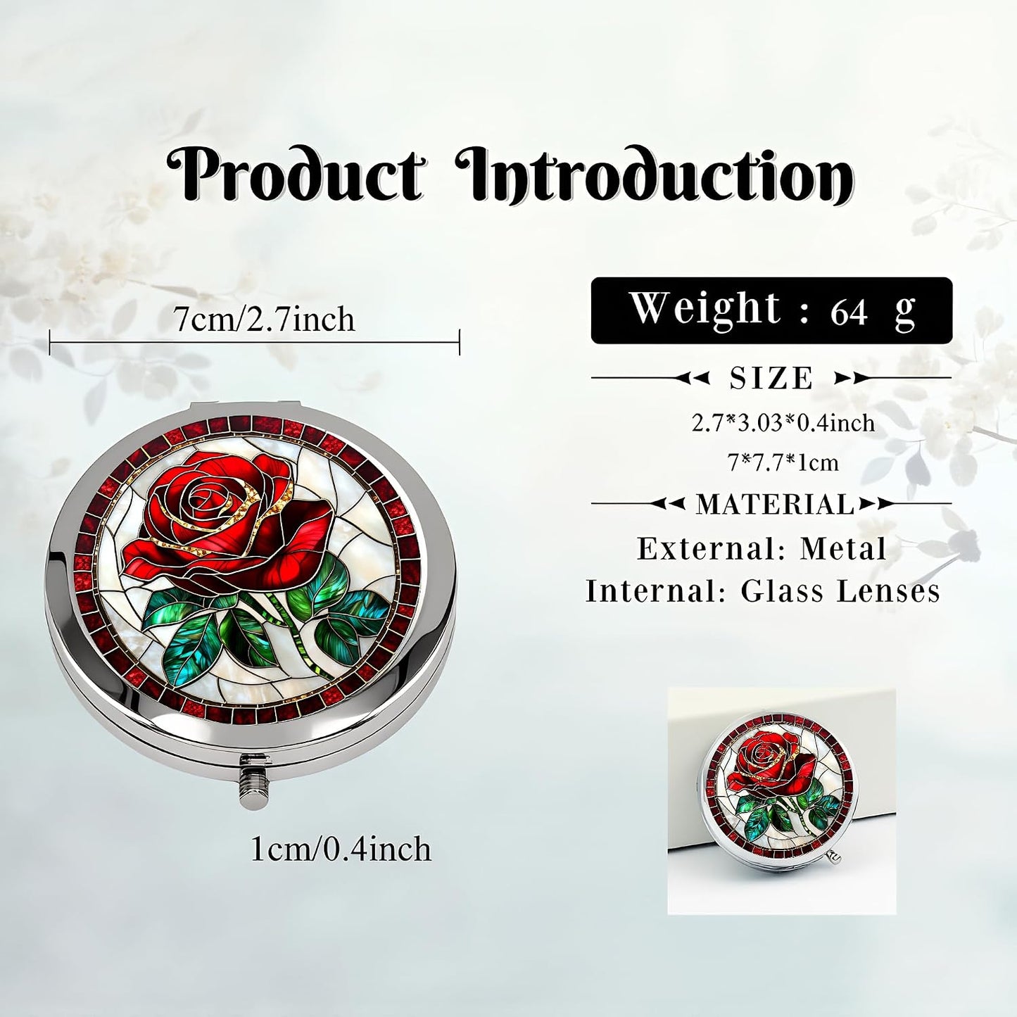 Silver Compact Mirror - Double-Sided Folding Makeup Mirror with Red Rose Design | 2.8 x 2.8 Inches, Perfect Gift for Women
