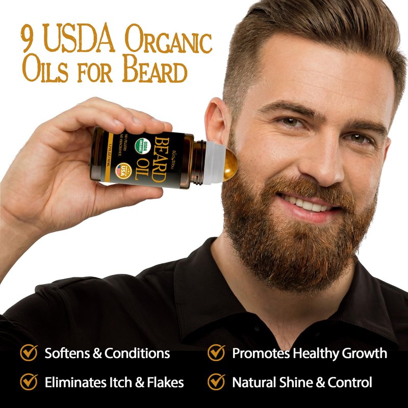 Organic Beard Oil for Men Roll On Beard Growth Oil Mens Conditioner - 9 Premium 100% Pure USDA Oils Jojoba Castor Argan - Mustache Natural Scent Vegan Shave Balm - Tiger Eye Stone Roller Bottle 1.7oz