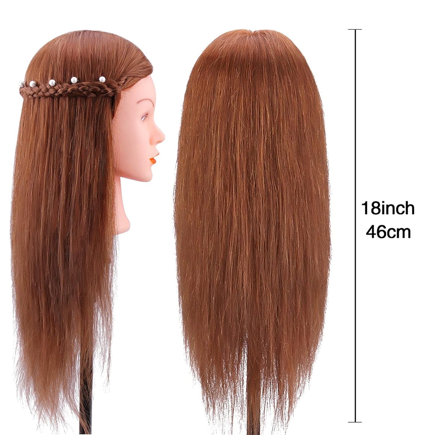 Real Hair Mannequin Head for Cosmetology | 100% Human Hair Styling Practice Doll with Clamp Holder (Dark Brown)