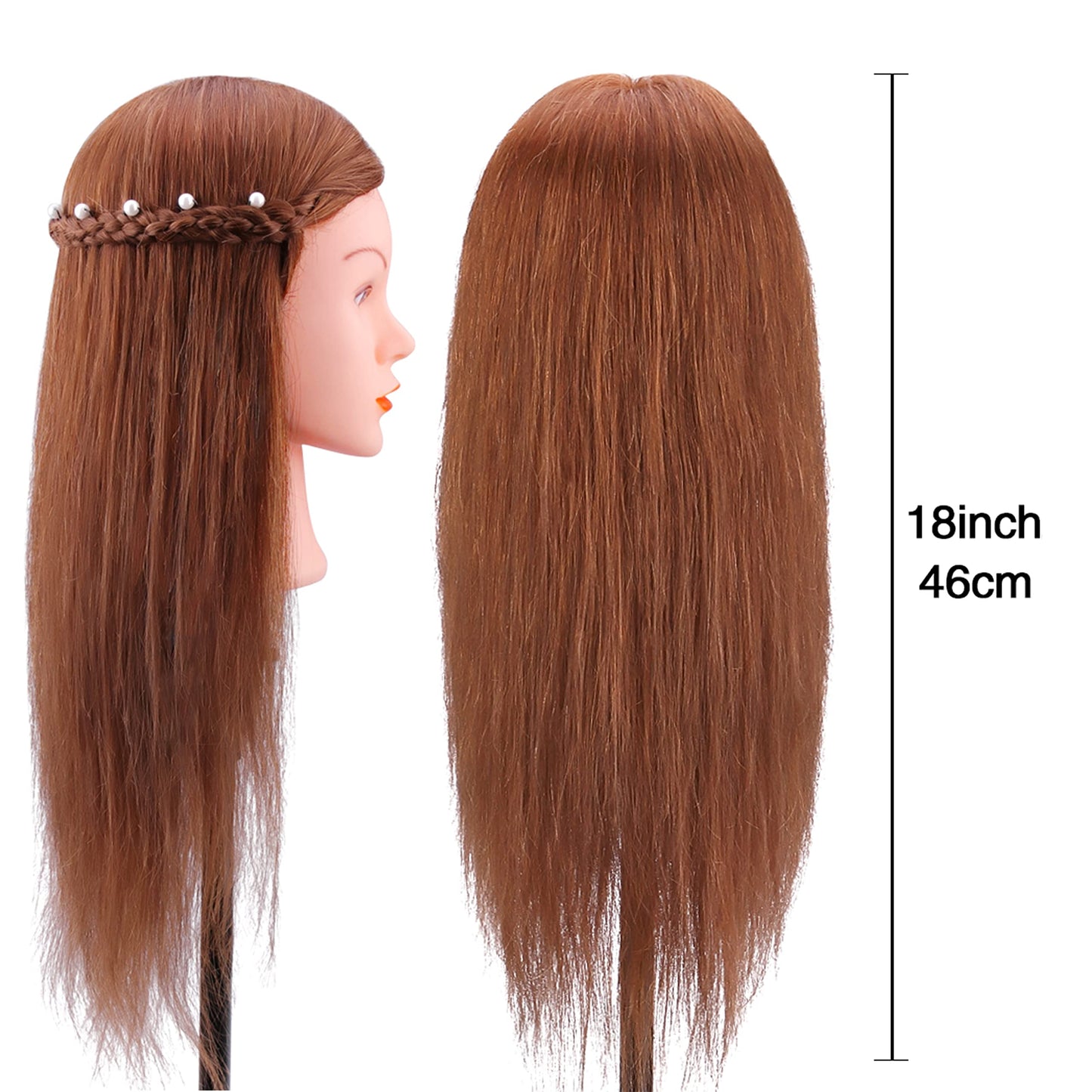 Mannequin Head with 100% Human Hair, TopDirect Real Hair Cosmetology Mannequin Head Hair Styling Hairdressing Practice Training Doll Head with Clamp Holder and Tools (Dark Brown)