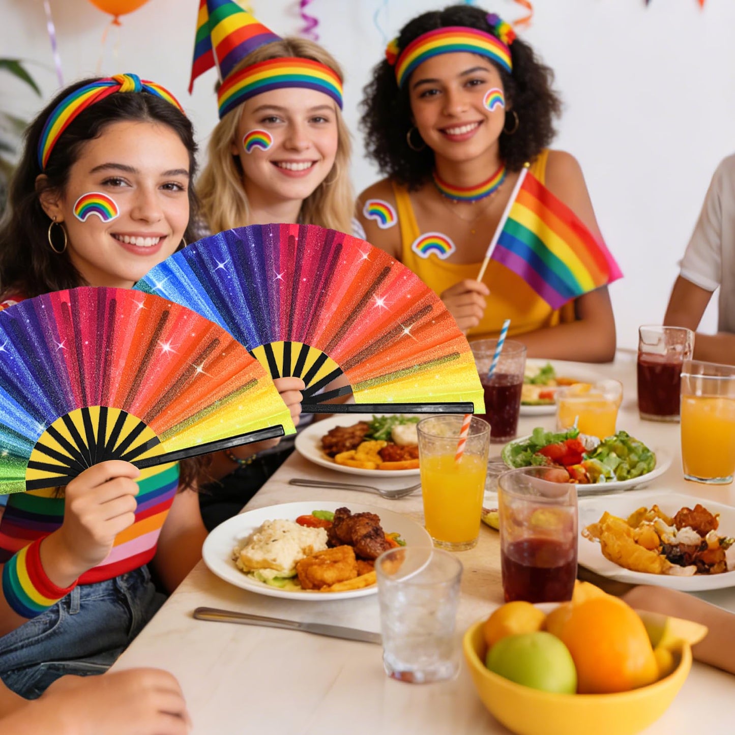 Large Rainbow Hand Fan Rave Clack Folding Fan Handheld Holographic Glitter Festival Foldable Silk Fan with Fabric Case for Men Women Gift Line Dancing Performance Gay Pride Day Parade Party Cosplay