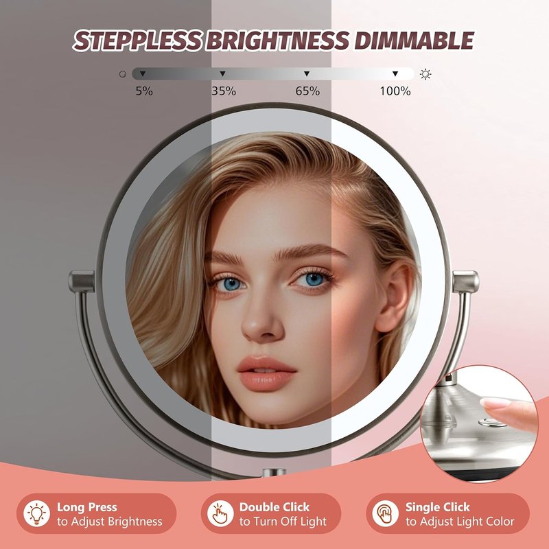Lighted Makeup Mirror - 9" Rechargeable 1X/20X Magnifying Mirror with Dimmable 3-Color Lights | Perfect for Bedroom Tabletop