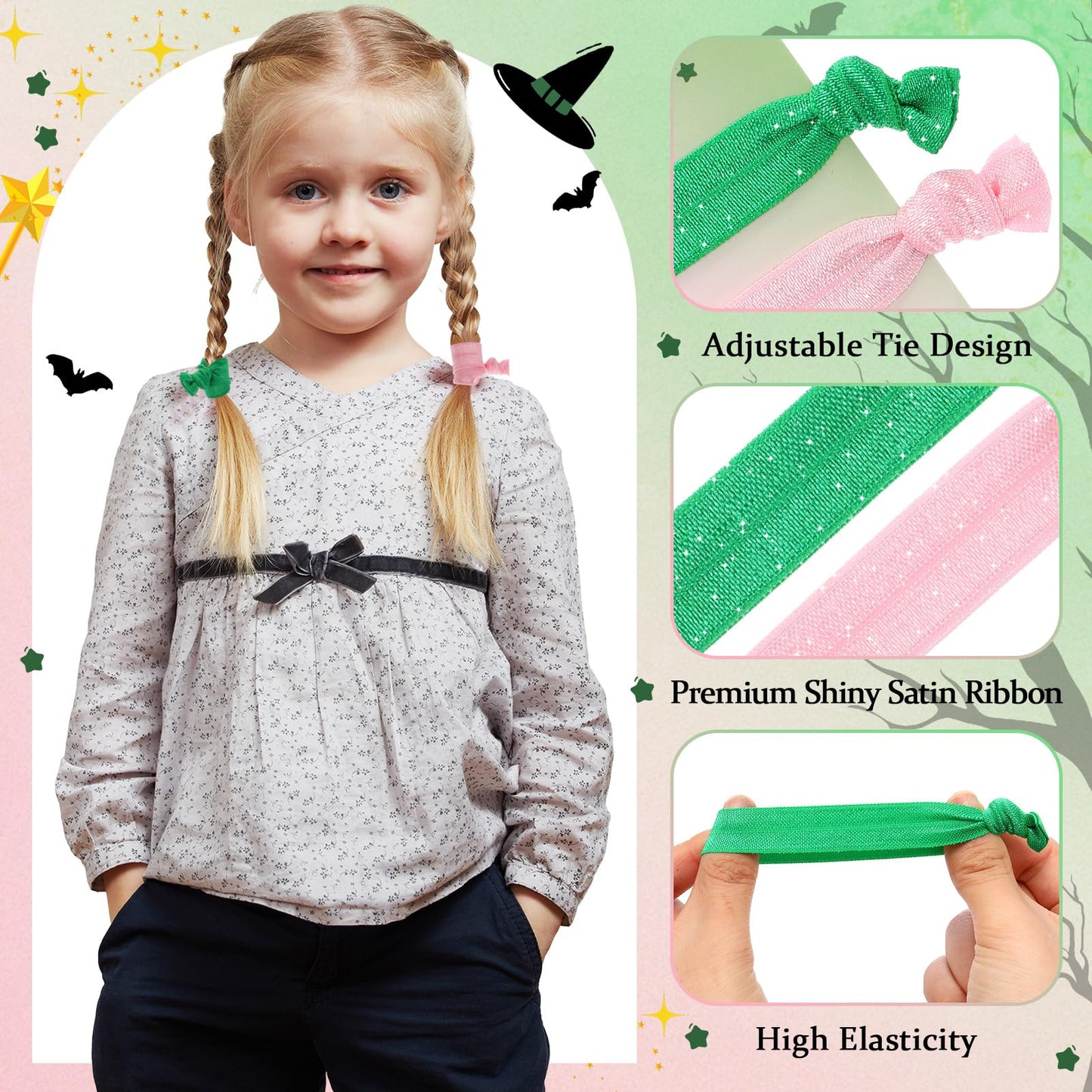 Yuxung 12 Sets Green and Pink Party Favors Elastic Witch Hair Ties Hair Accessories with Thank You Card for Witch Friendship Gifts