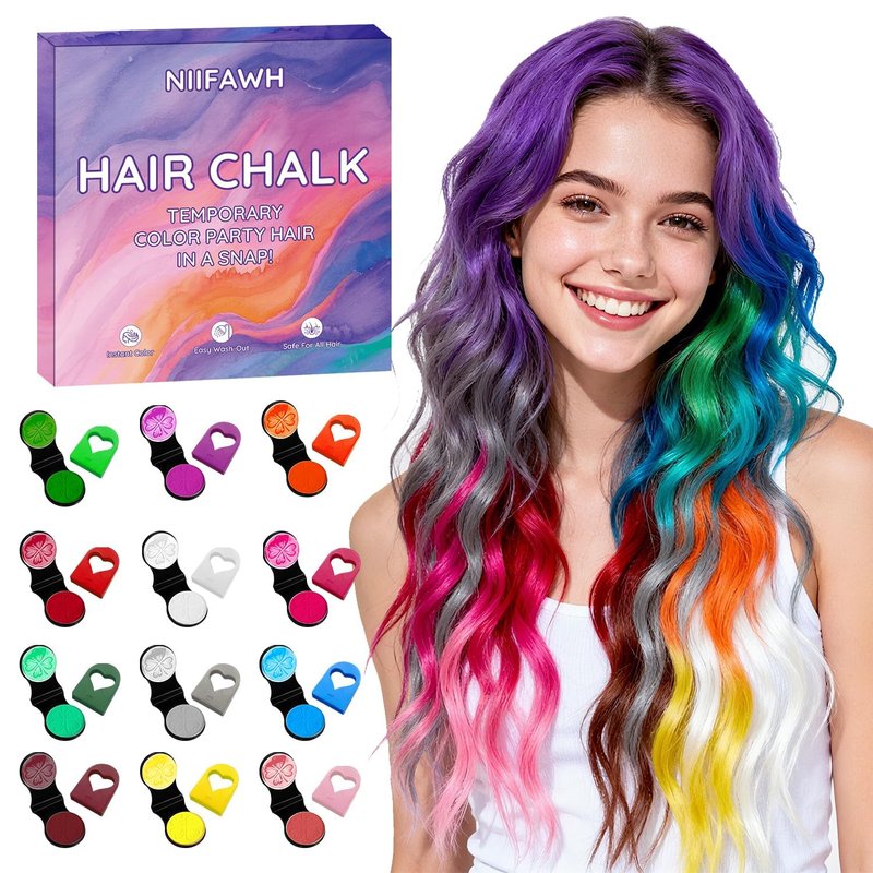 Color Hair Chalk Set - 12 Non-Toxic Temporary Hair Dyes for Adults | Safe & Easy to Wash Out - Perfect for Parties & Festivals