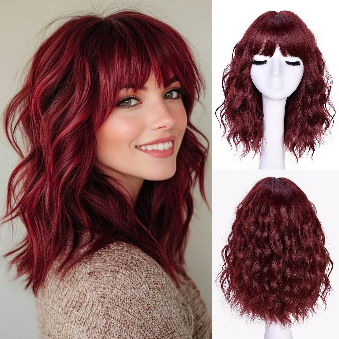 Short Wavy Wig with Bangs - Natural Curly Synthetic Hair for Women | 14-Inch Brown with Blonde Highlights