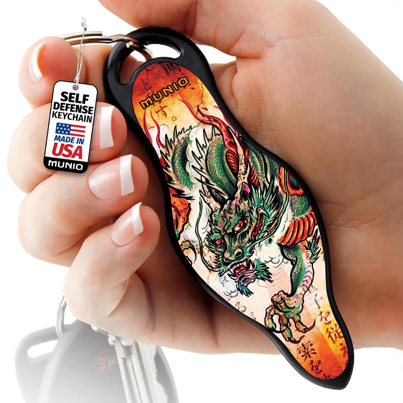 MUNIO Self Defense Keychain – Lightweight, Stylish & Portable Safety Tool for Women & Men – Non-Lethal Kubotan, Easy to Use, TSA Approved – Made in USA – Dragon Legend Design