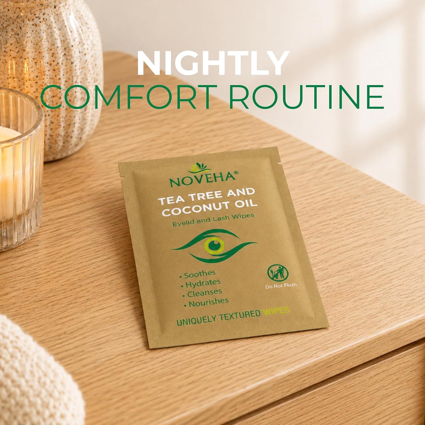 NOVEHA Tea Tree & Coconut Oil Eyelid Wipes - 60 Individually Wrapped Makeup Remover Wipes for Itchy Eyes | Aloe Vera Infused