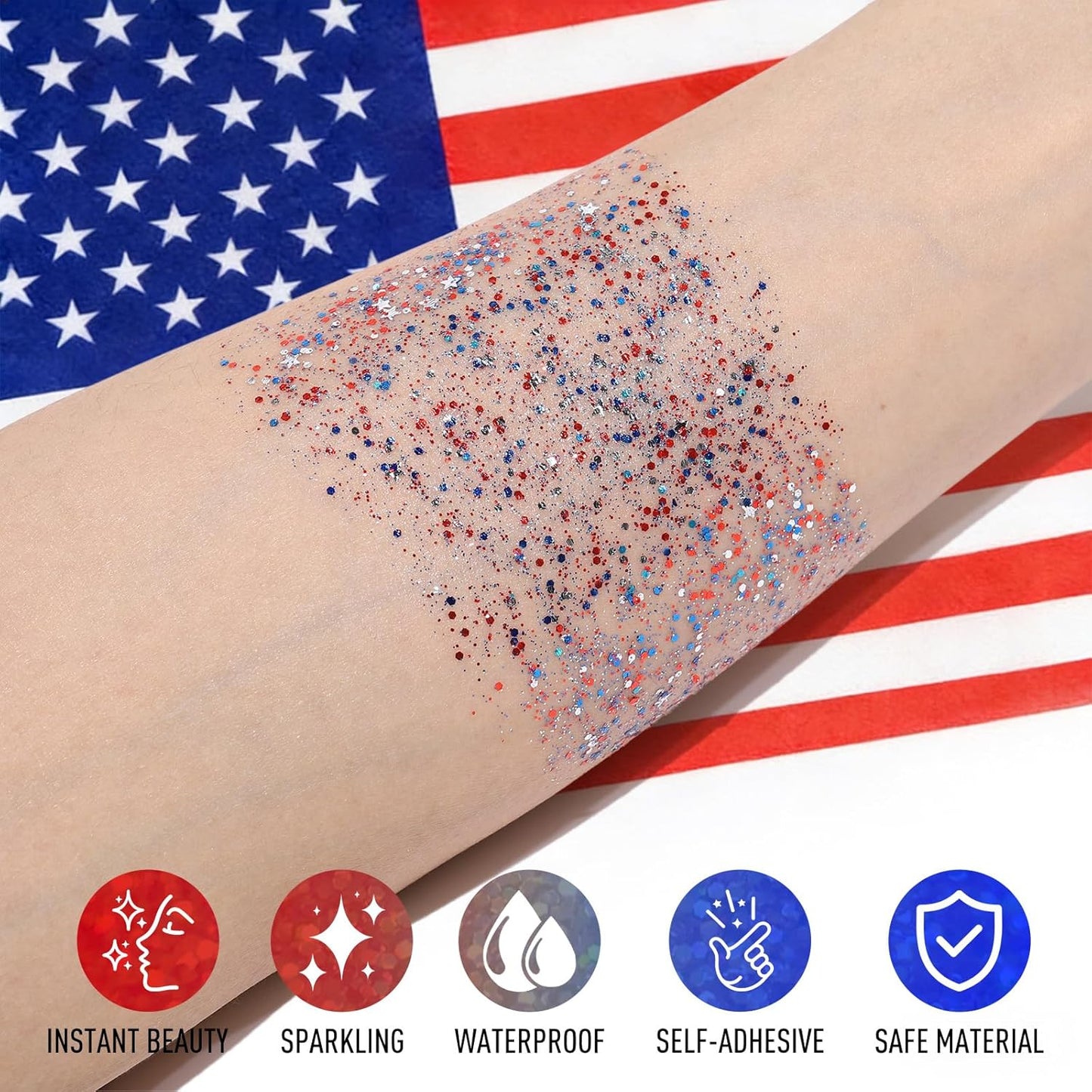 Body Glitter Stick - Red White Blue Face & Hair Makeup for Festivals | 1.2 oz Chunky Glitter