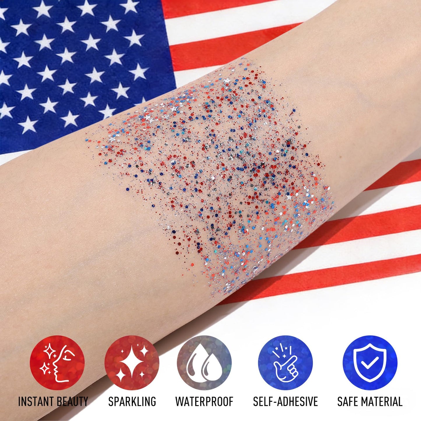 UCANBE Red White Blue Body Glitter Stick for Fourth of July Singer Concerts Music Festivals, Face Glitter Makeup for Face Body Hair Eyes & Lips, Chunky Glitter for Women 1.2OZ