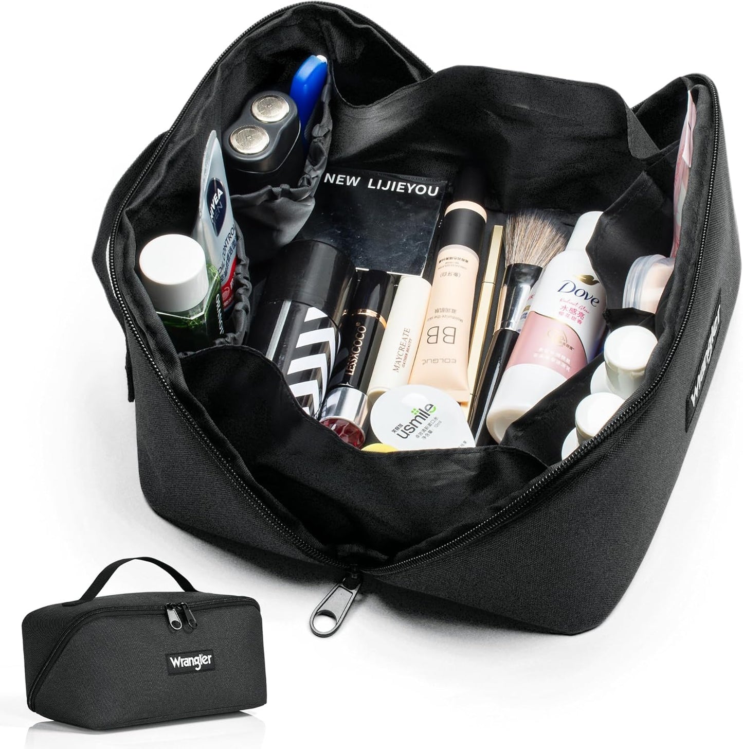 Wrangler Travel Toiletry Bag - Large Capacity Makeup Organizer | Water-Resistant Nylon, 4 Pockets, 180° Lay-Flat Design