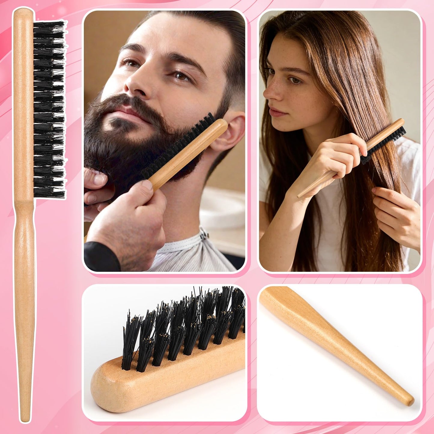 6 Pcs Boar Bristle Slick Back Hair Brush with Pink Edge Brush, Rat Tail Comb and Wide Tooth Comb for Women Men