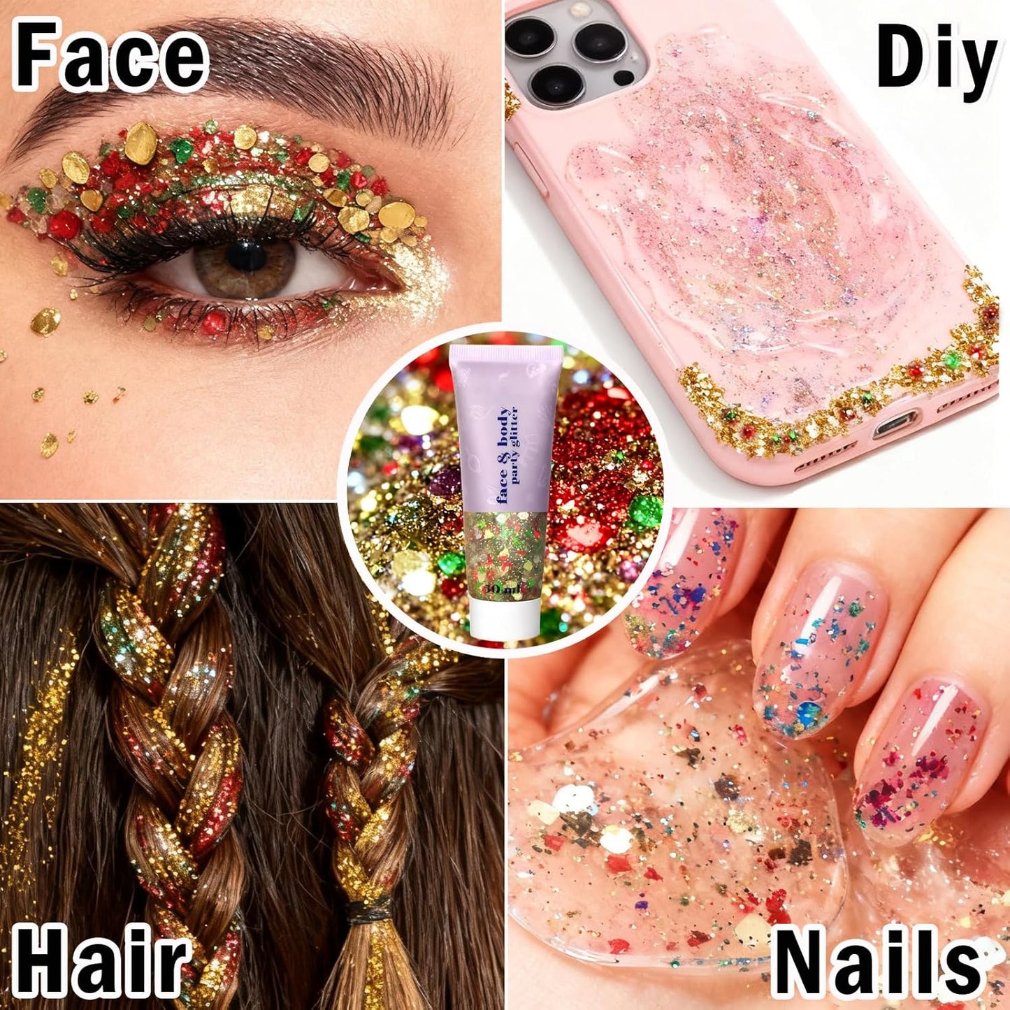 Christmas Body Glitter Gel - Red, Green & White Holographic Face & Hair Glitter for Festive Makeup | Chunky Sequin Shine