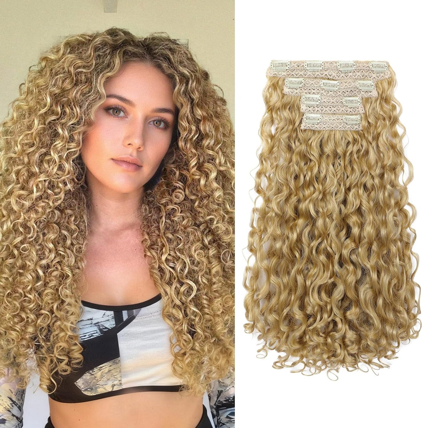 Curly Hair Extensions - 4PCS 18" GoGo Curly Clip-Ins | 100% Protein Hairpieces, Honey Blonde Highlights