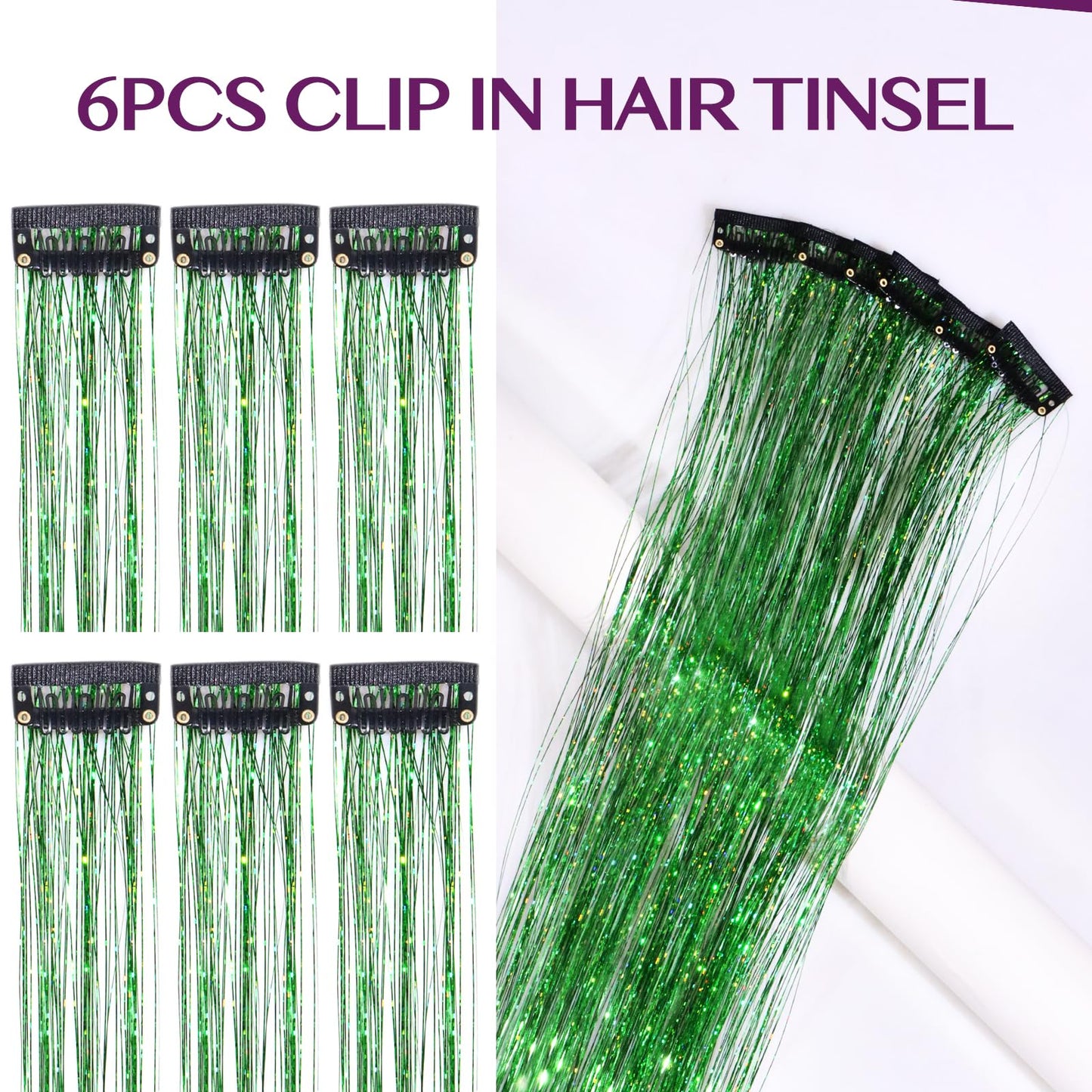 IDN BEAUTY Hair Tinsel Clip in, 6pcs Green Sparkling Tinsel Hair Extensions 3s Wear and Go for Party Daily Travel Birthday, 24Inch Hair Accessories for Girls Women Kids
