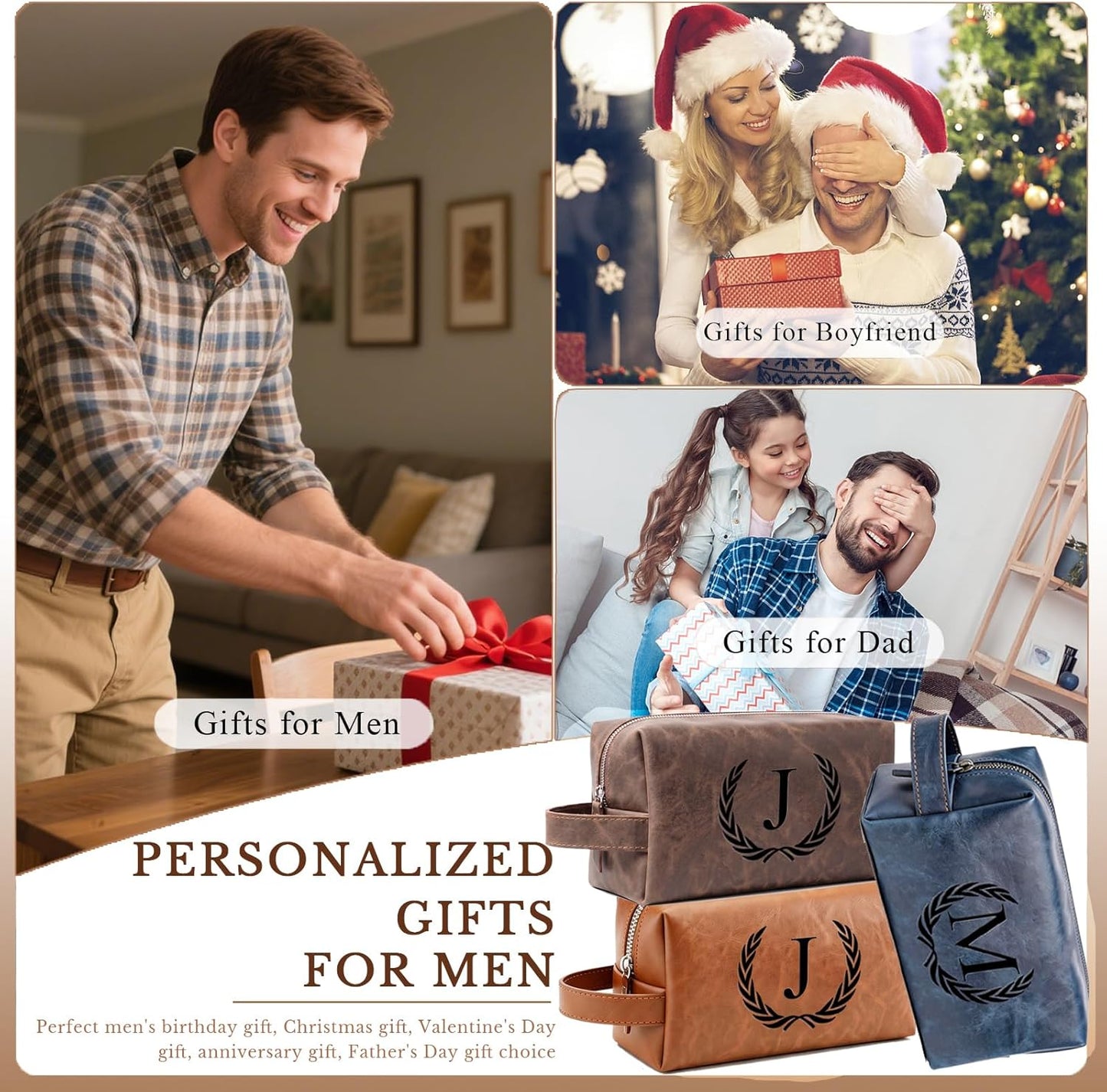 Personalized Leather Toiletry Bag for Men | Engraved Initial Waterproof Travel Bag - Dark Brown