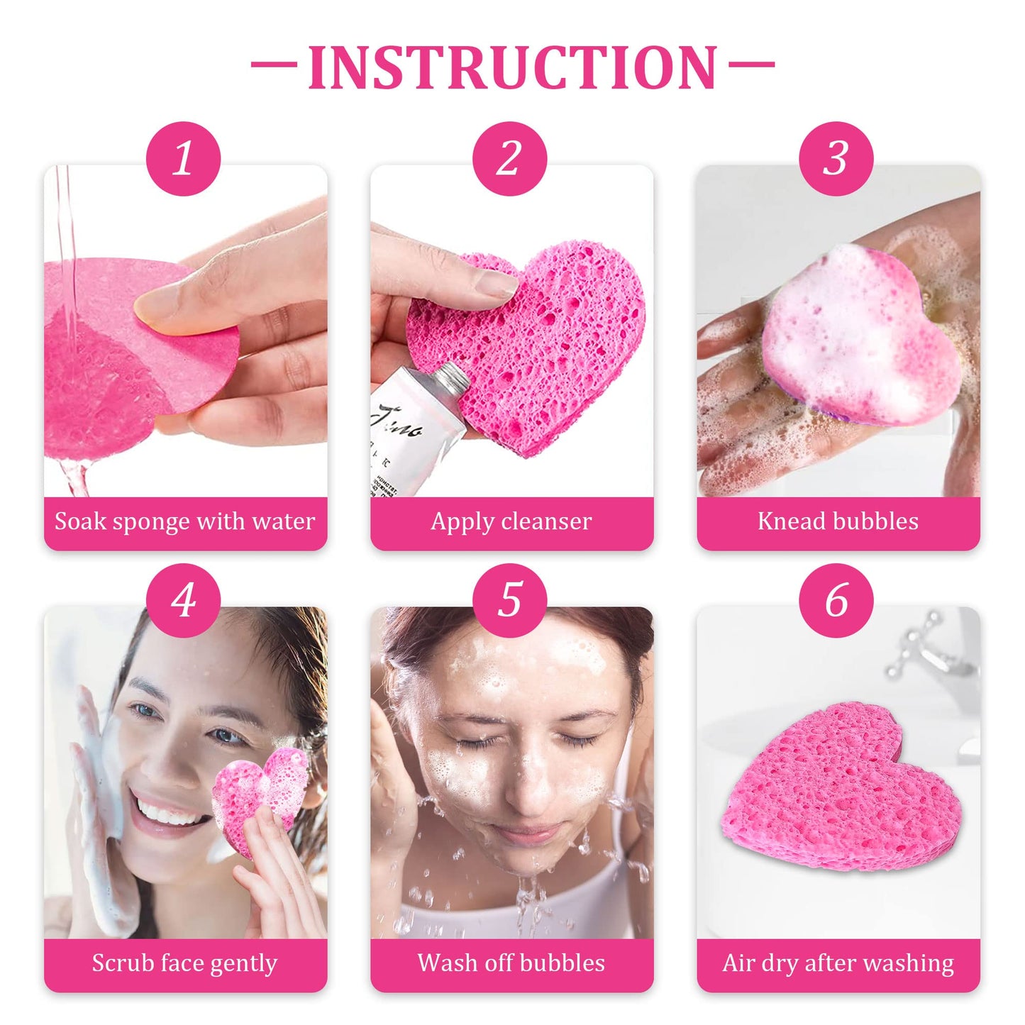 50-Count Kickleen Compressed Cellulose Heart Shape Facial Sponges | Natural Cosmetic Spa Sponges for Facial Cleansing | Exfoliating | Makeup Mask Removal | Reusable | Skin Massage (50 Count (Pink))