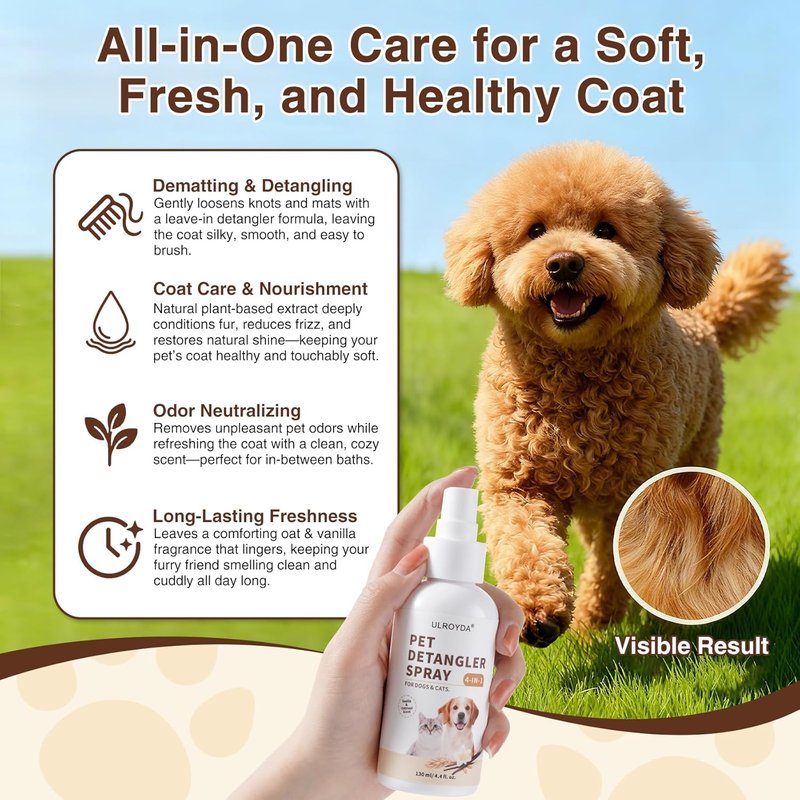 Dog Detangler Spray - Natural Vanilla & Oat Leave-In Conditioner for Matted Hair | 4.4 fl oz