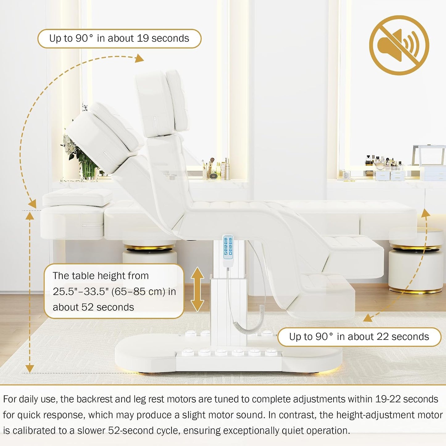 Electric Spa Table with LED Light - 3 Motor Height Adjustment, Adjustable Backrest & Leg Support | White