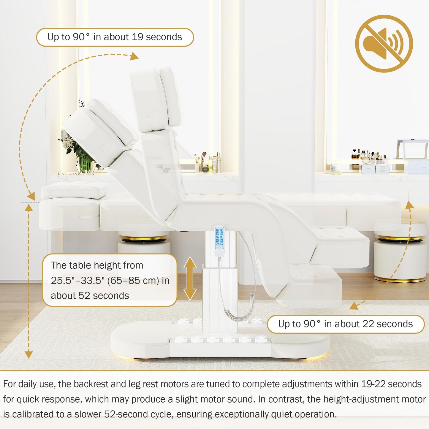 Professional Electric Spa Table/Chair with LED Light, 3 Motor Height Adjustment, Backrest, Leg Support Angle Adjustable for Massage, Facial, Medical, Tattoo, Waxing, Beauty Salon and More - White
