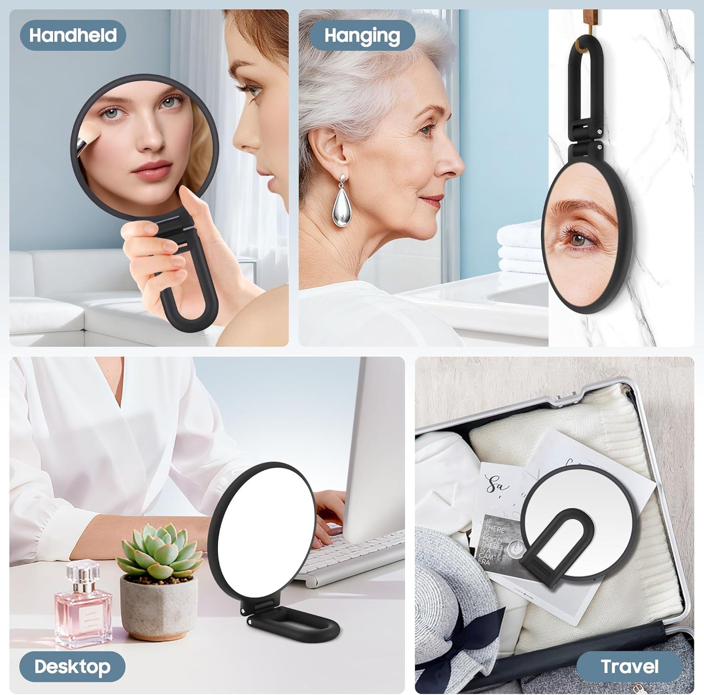 40X Magnifying Makeup Mirror - Double-Sided Handheld Design | Portable & Foldable for Travel, Black