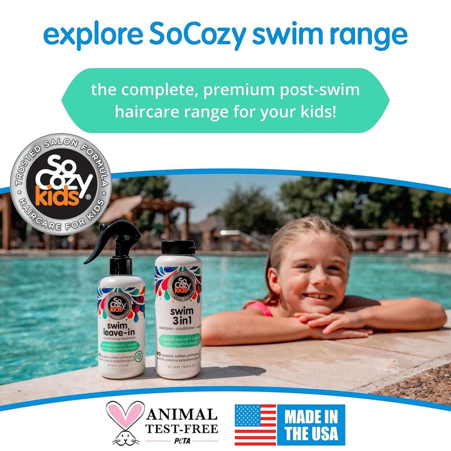 SoCozy Swim Leave-In Conditioner Spray for Kids | Protects & Repairs Pool & Sun Damaged Hair - 8 Fl Oz, Gentle Formula with Activated Charcoal & Vitamin B5