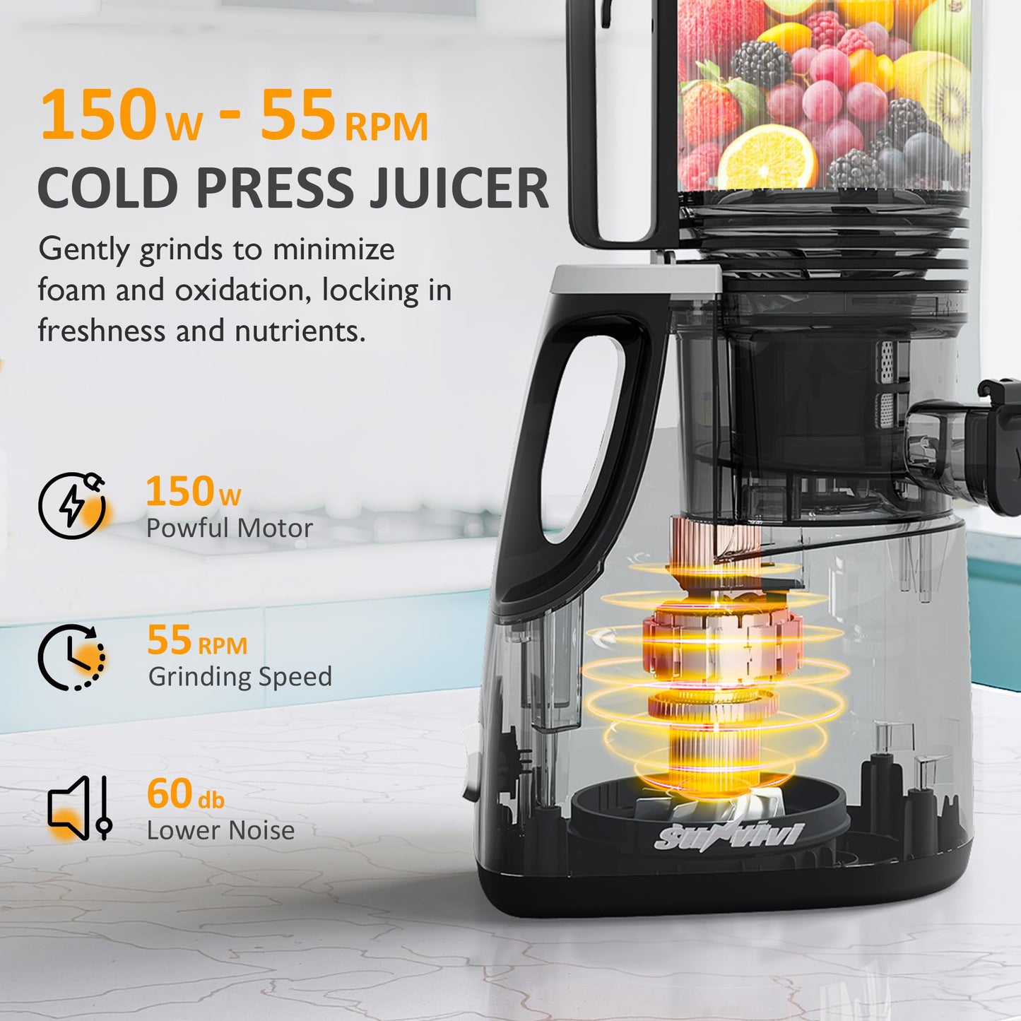 Sunvivi Cold Press Juicer with 5.9" Wide Feed Chute, 150W Slow Masticating Juicer Machines Fit Whole Vegetables & Fruits, Easy to Clean, Dual-Layer Strainer, High Yield Juicer for Home, Black