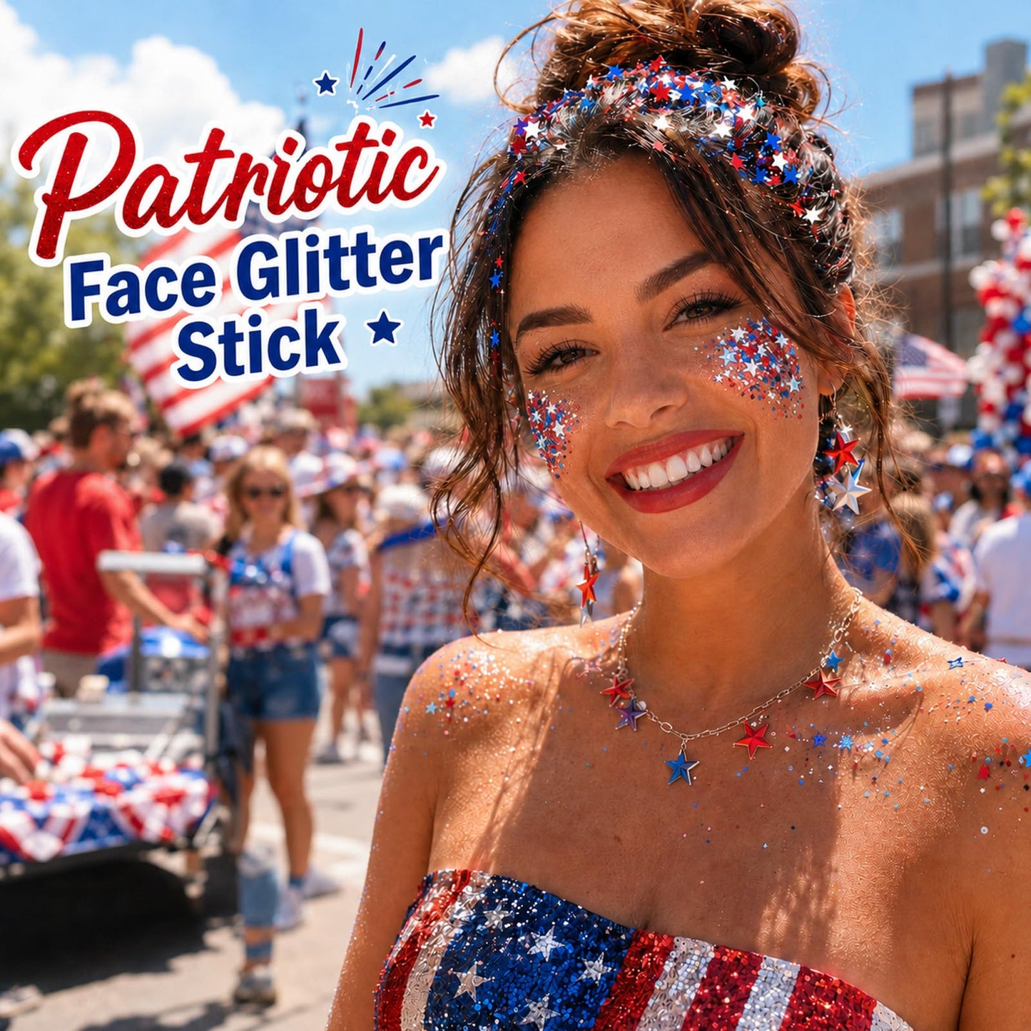 Paminify Red White Blue Hair Glitter Stick,4th of July Patriotic America Stripe Star Face Body Glitter,Fourth of July Accessories,Independence Day Waterproof Cheer Glitter Makeup for Women