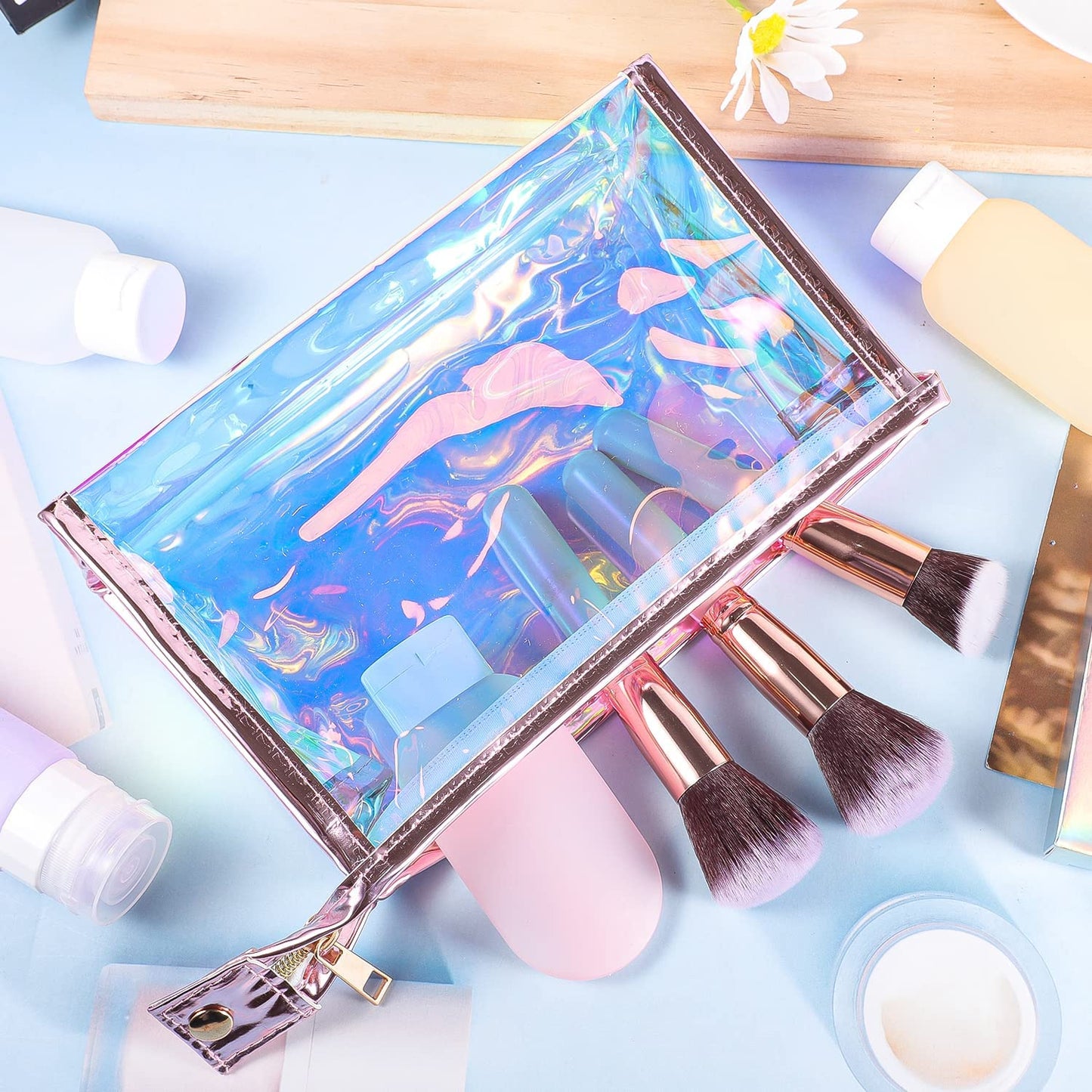 BESARME 10 Pcs Holographic Makeup Bags, Clear PVC Travel Toiletry Bag Iridescent Pouch Portable Zippered Waterproof Cosmetic Bag SPA Bathroom Vacation Party Favors Bachelorette Gifts Wedding Favors