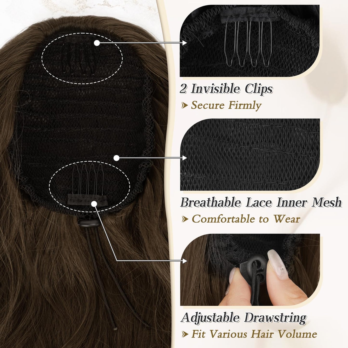 BARSDAR Brown Wavy Curly Ponytail Extension - 20 Inch Drawstring Hair Extensions for Women - Synthetic Clip in Pony Tails Hairpieces Fake Ponytails Daily Party