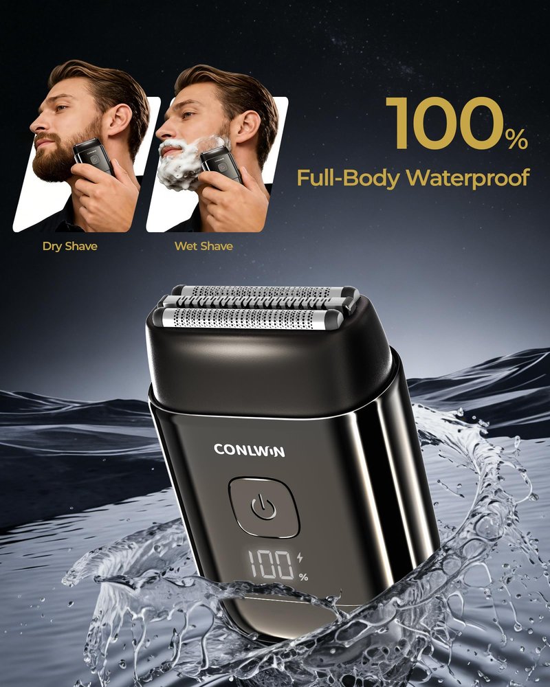 CONLWIN Electric Foil Shavers for Men, Self-Clean Mini Electric Razor with 3D Floating Blade, 2-Way Magnetic Cap Travel Shaver, USB-C Fast Charge, Waterproof Wet/Dry for Face Beard Neck, Model FK-712B