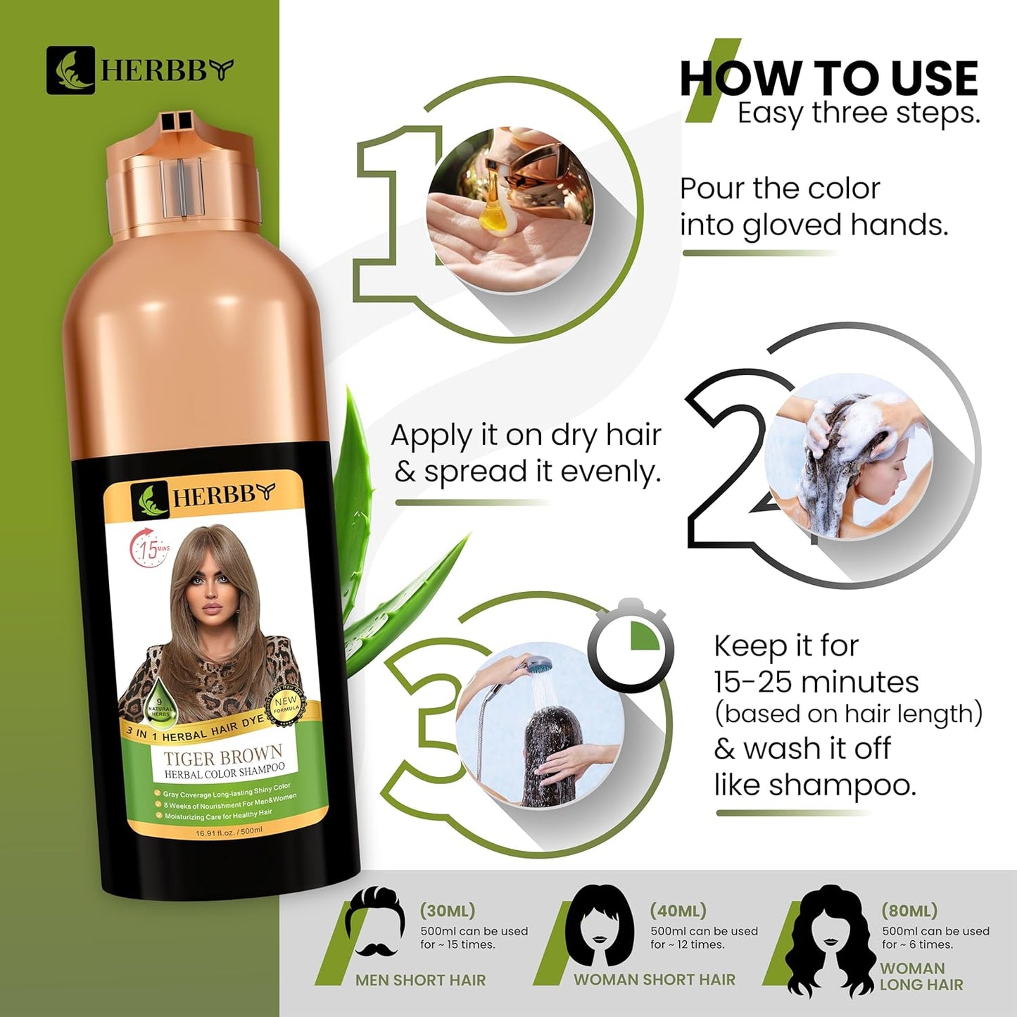 Hair Color Shampoo for Gray Coverage | 9 Herbal Extracts, Long-Lasting Shine - 500ml Tiger Brown