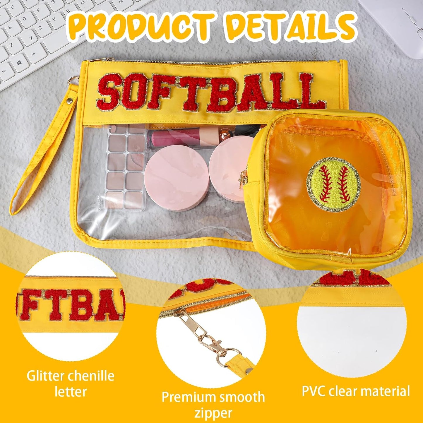 Softball Gift Set for Girls - 4 Pcs Snack Goodie Bags & Makeup Toiletry Pouch | Chenille Letter Travel Case