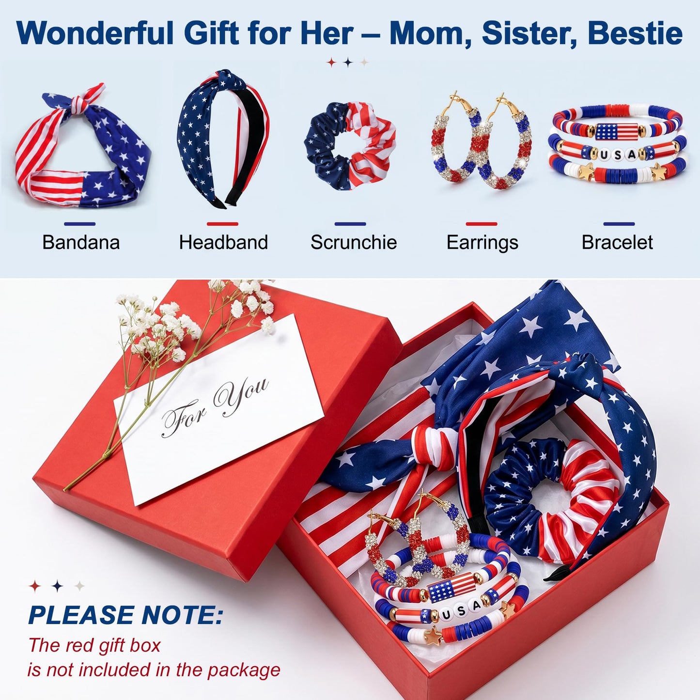VOCOSTE 4th of July Hair Accessories for Women, Patriotic Red White Blue American Flag Bandana Headband Hair Tie Earrings Bracelet Set for Memorial Day Soccer Match Day
