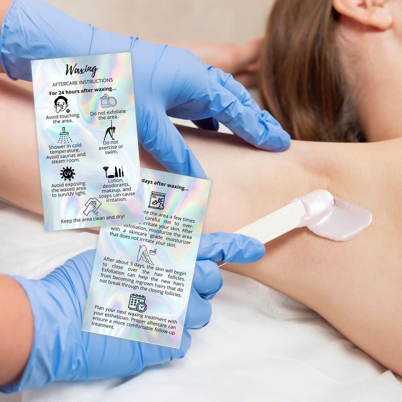 Waxing Aftercare Cards | 50 Pack | Size 2 x 3.5” inches Business Card Size | Waxing Aftercare Kit Cards PMU Matches Pre-Waxing Card | Aftercare Instructions Faux Holo Print Design
