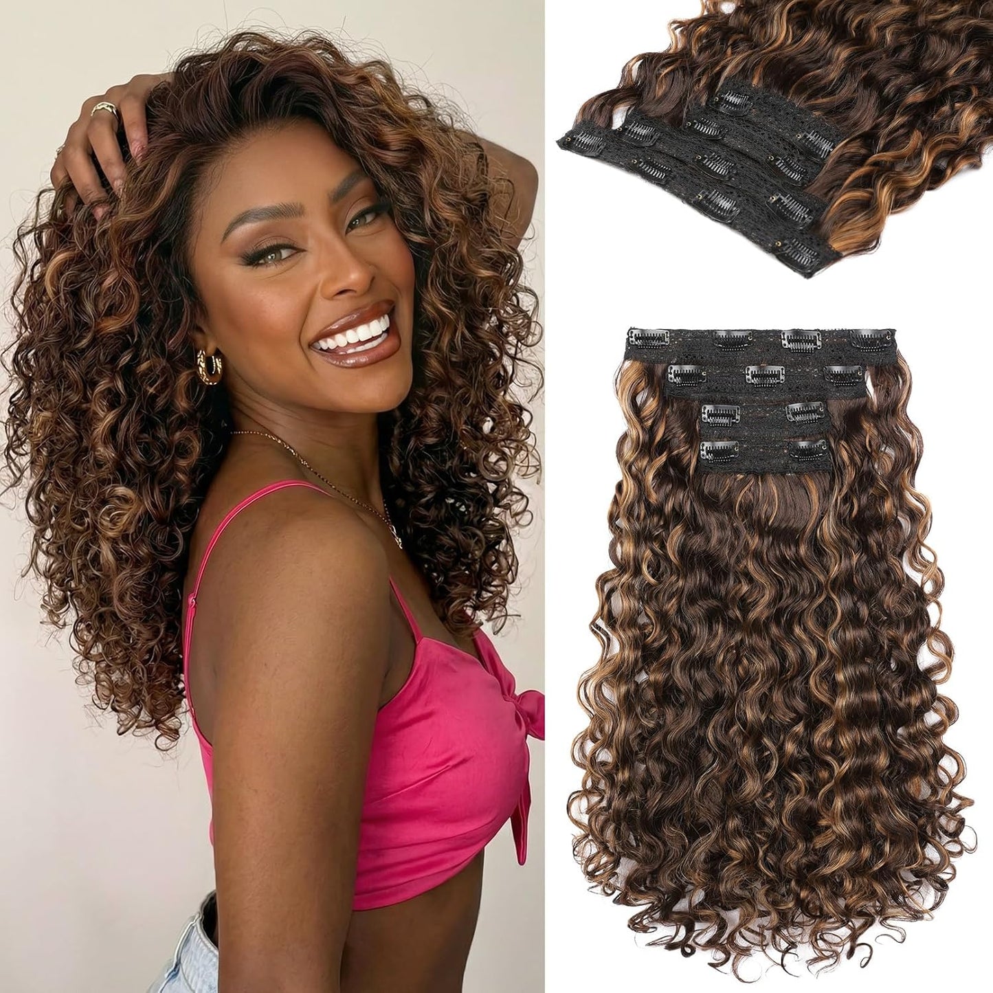 Curly Hair Extensions - 4PCS 18" GoGo Curly Clip-Ins | 100% Protein Hairpieces, Honey Blonde Highlights
