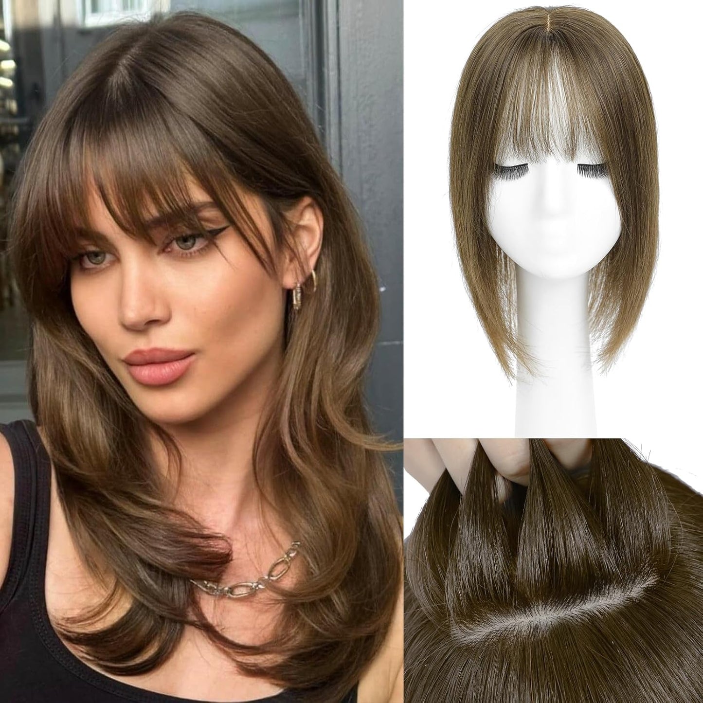 Aimeolyn Hair Toppers for Women - Real Human Hair 12-Inch Wiglet with Bangs for Thinning Hair | Big Base Scalp Coverage