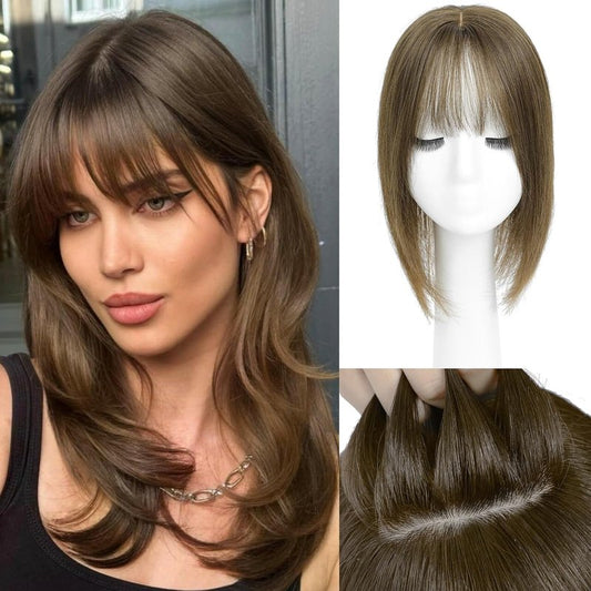 Aimeolyn Hair Toppers for Women - Real Human Hair 12-Inch Wiglet with Bangs for Thinning Hair | Big Base Scalp Coverage