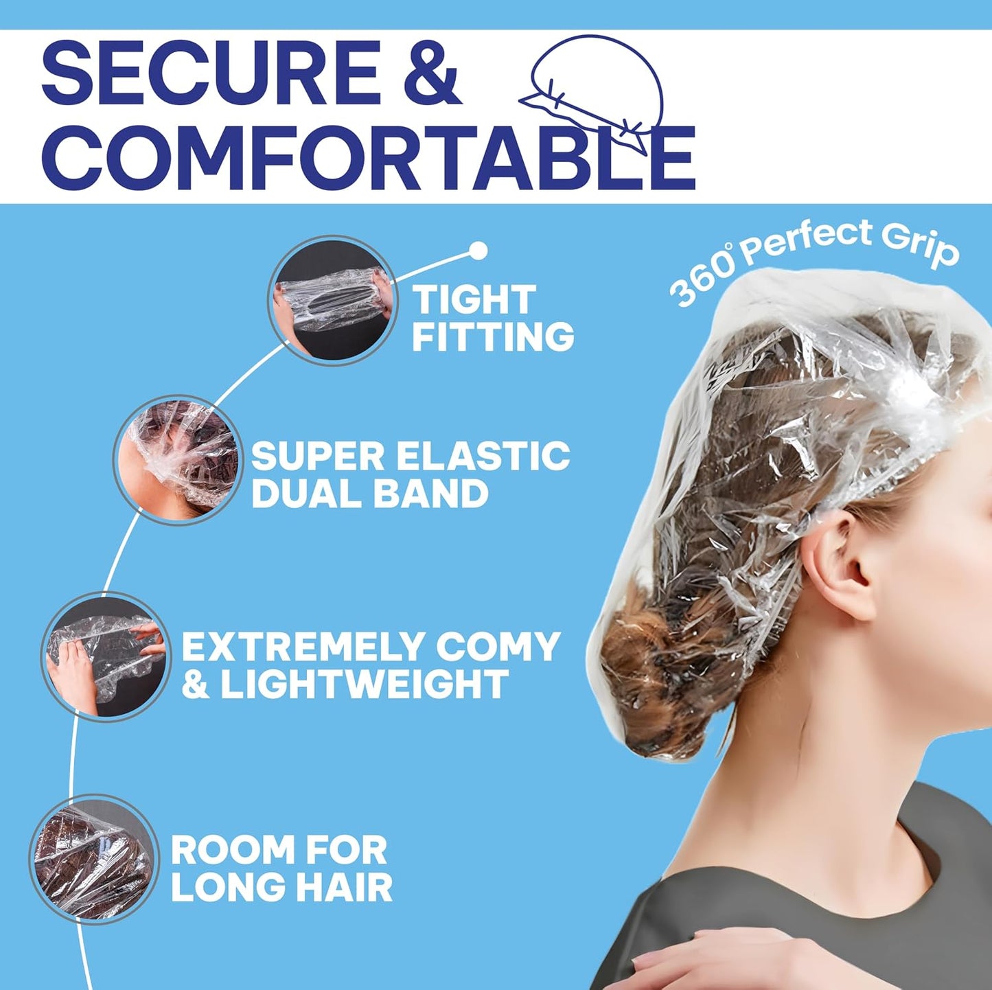 Disposable Shower Caps - Thick Waterproof Plastic Hair Caps with Super Elasticity | 200 Pcs for Shower, Salon, Spa & Home Use