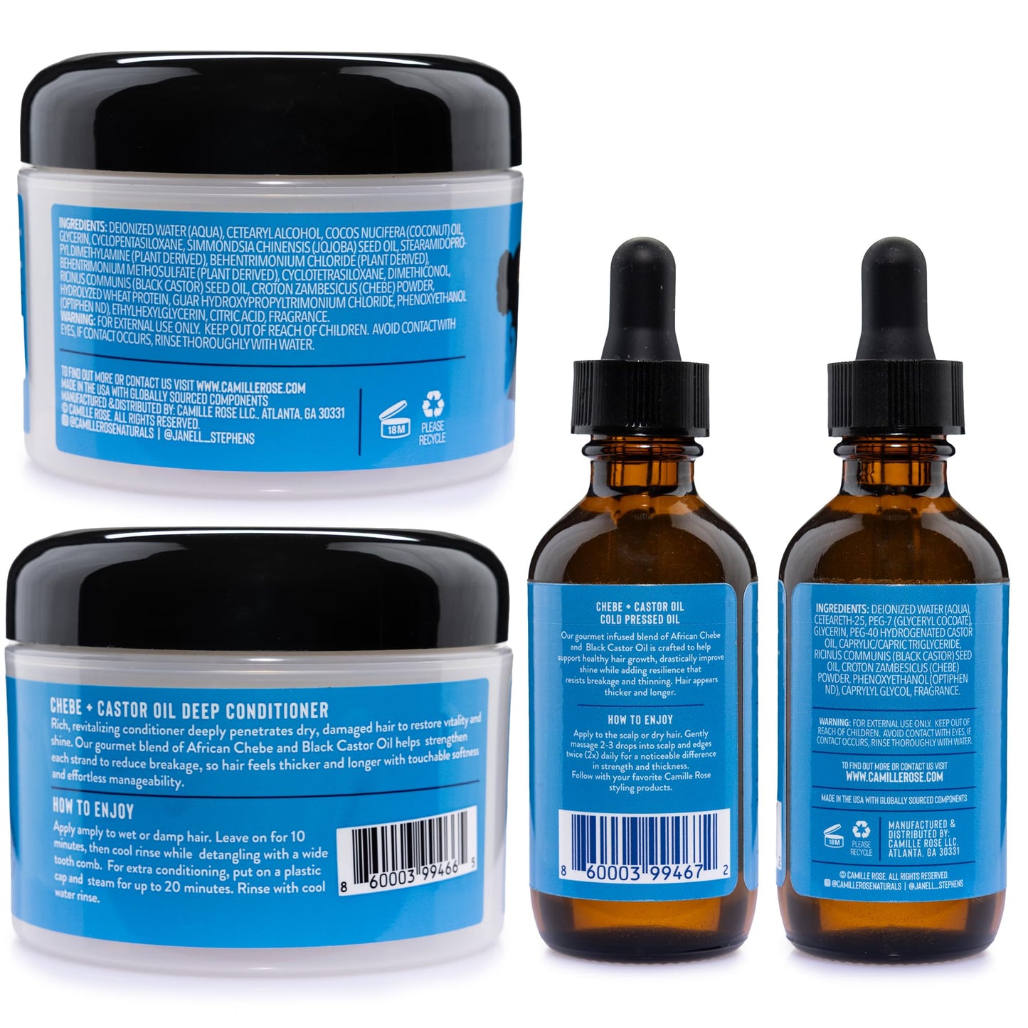 Camille Rose Black Castor Oil + Chebe Hair Strengthening Oil + Deep Conditioner for Dry, Damaged Hair – Strengthen & Replenish Moisture, Revitalize Textured, Curly Hair