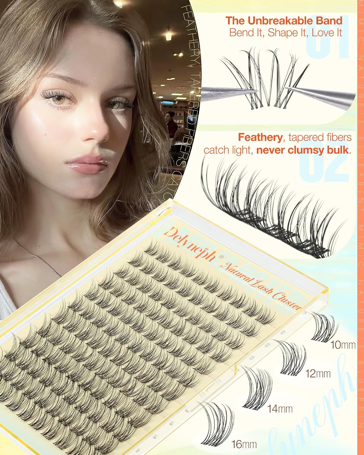 Natural Lash Clusters - Wispy Eyelash Extensions with Clear Band | C Curl, 10-16mm Individual Lashes