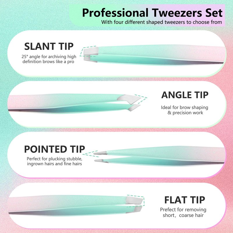 WangSelect Tweezers and 10X Magnifying Mirror Kit with Travel Leather Case, Eyebrow Tweezer Set for Women & Men, Great Precision for Facial Hair, Splinter and Ingrown Hair Removal - Starry Purple