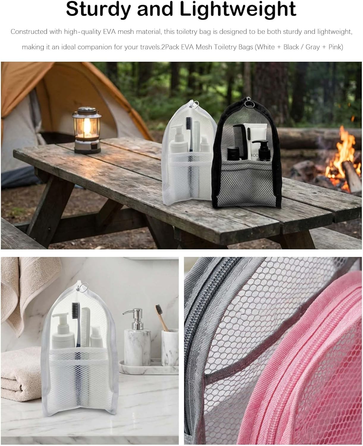 EVA Mesh Toiletry Bag - Waterproof & Portable Travel Organizer | 2 Pack for Camping, Home Storage (Grey & Pink)