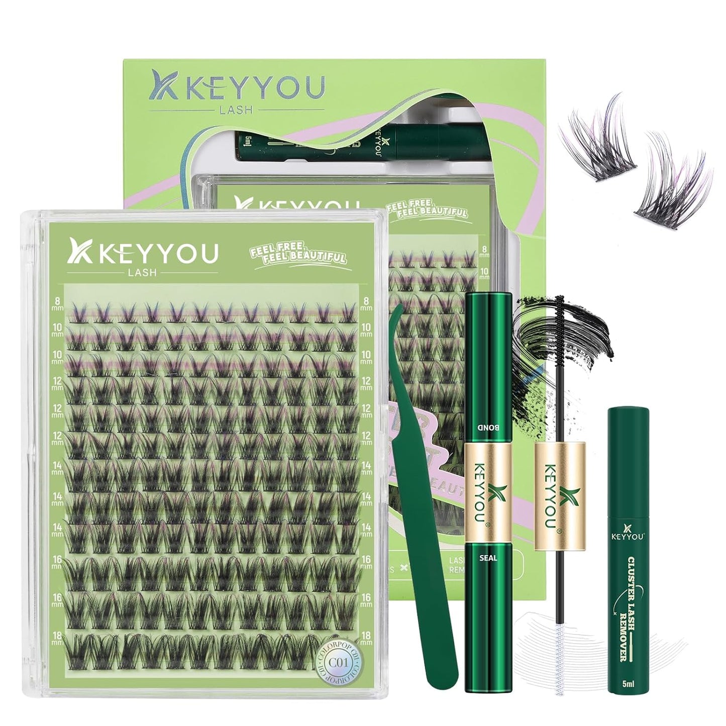 KEYYOU 3D Eyelash Clusters - 280pcs Wispy Volume Lashes | 80D D Curl, 9-18mm Mix