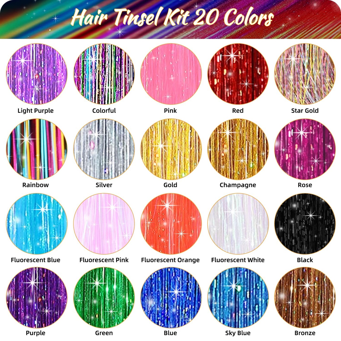 20 Colors Hair Tinsel Kit, 47 Inches 4800 Strands Glitter Tinsel Hair Extensions, Heat Resistant Fairy Hair Tinsel Kit with Tools for Girls Women Christmas New Year Halloween Cosplay Party