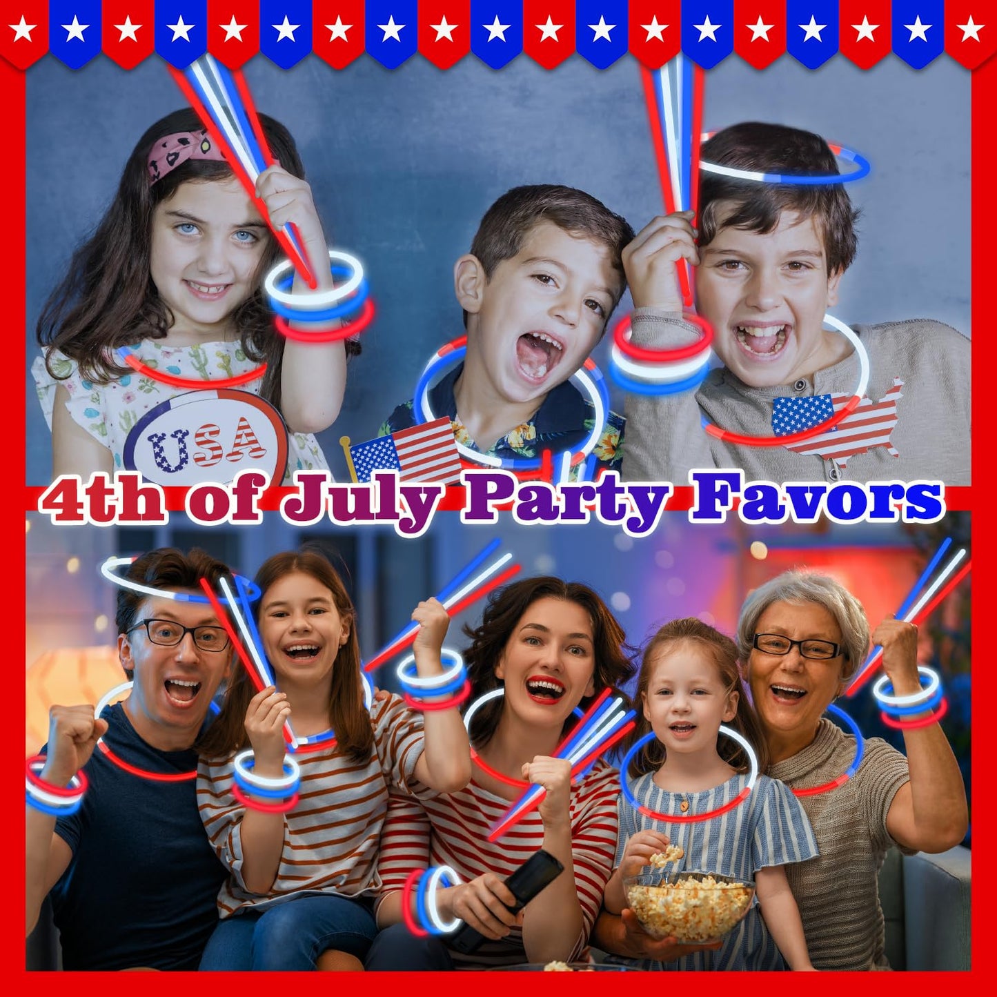 Fourth of July Accessories for Kids, 72-500 PCS Red White Blue Glow Sticks Party Favors Supplies for 250th, Patriotic Treat Goodie Gift Bag Stuffers, Light up Party Toys Stuff Decor for 4th of July