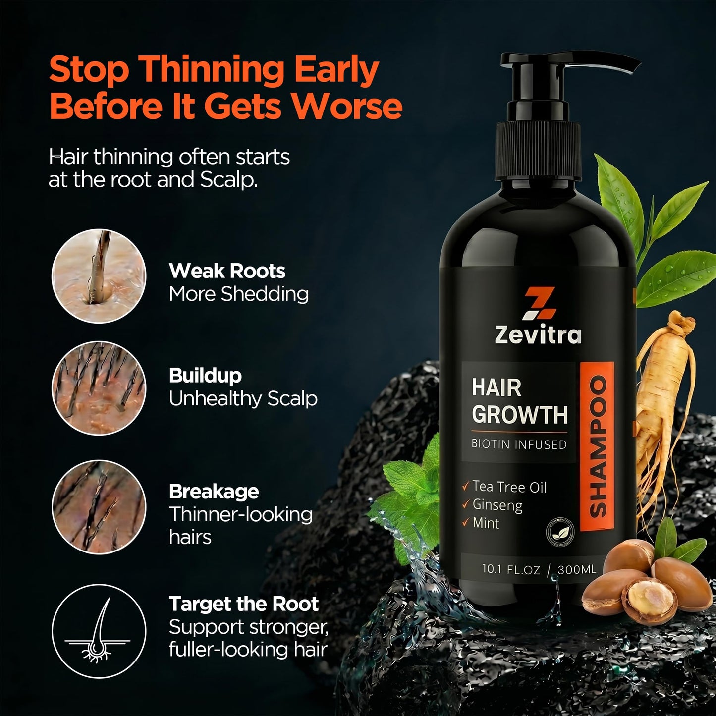 Zevitra Hair Growth Shampoo 10.1 FL.OZ / 300ML Biotin Hair Shampoo with Tea Tree Oil, Ginseng & Mint To Cleanse The Scalp – Strengthen Roots and Reduce Breakage – Sulfate & Paraben Free Formula