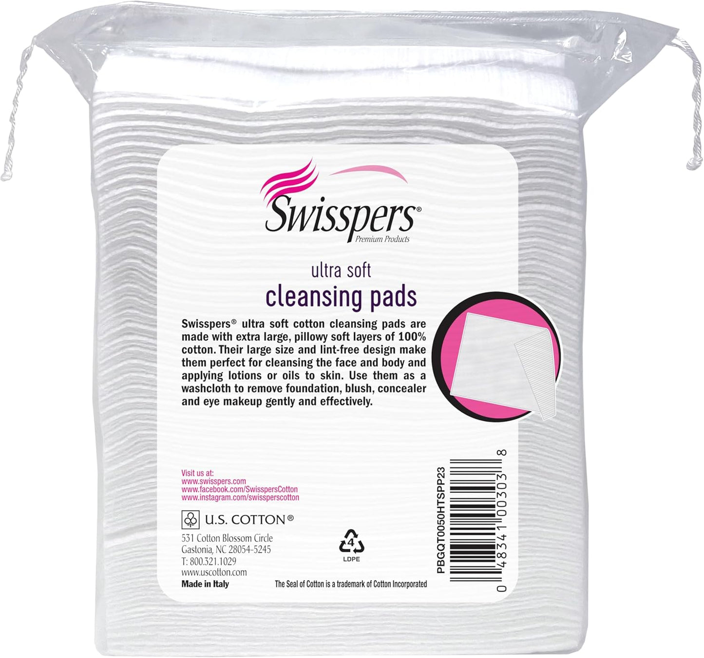 Swisspers Facial Cleansing Cotton Pads | 100% Natural Fiber, Ultra-Soft, 50 Count (Pack of 6)