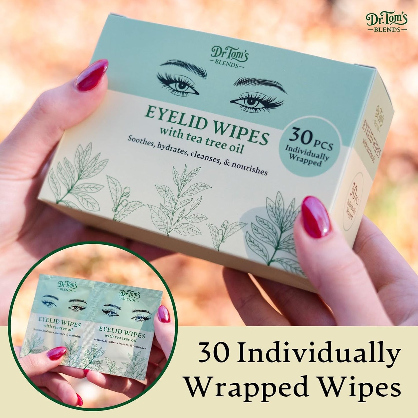 Dr. Tom's Tea Tree Oil Eyelid & Lash Wipes - 30 Individually Wrapped Makeup Remover Wipes for Dry, Itchy Eyes