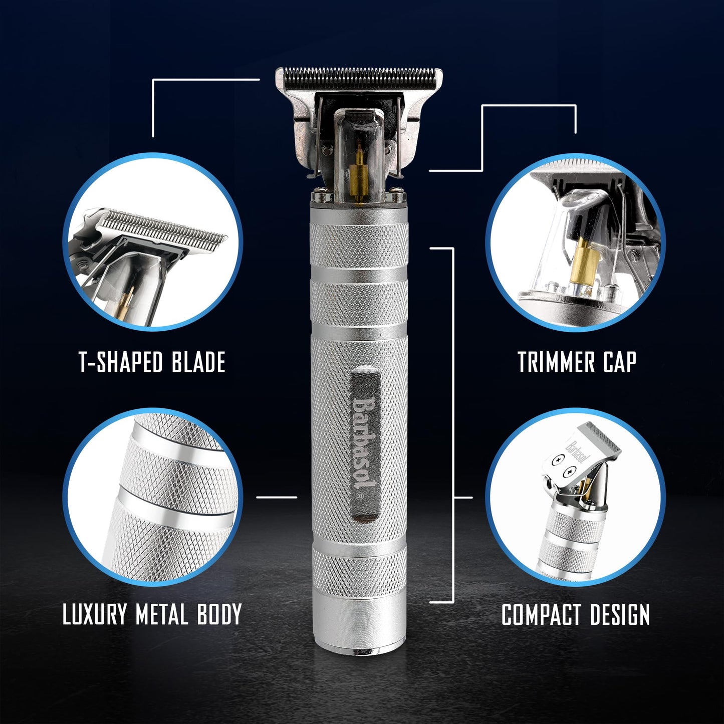 Barbasol Stainless-Steel Rechargeable Zero-Gapped T-Blade Trimmer, Hanging Blade, 3 Guide Combs